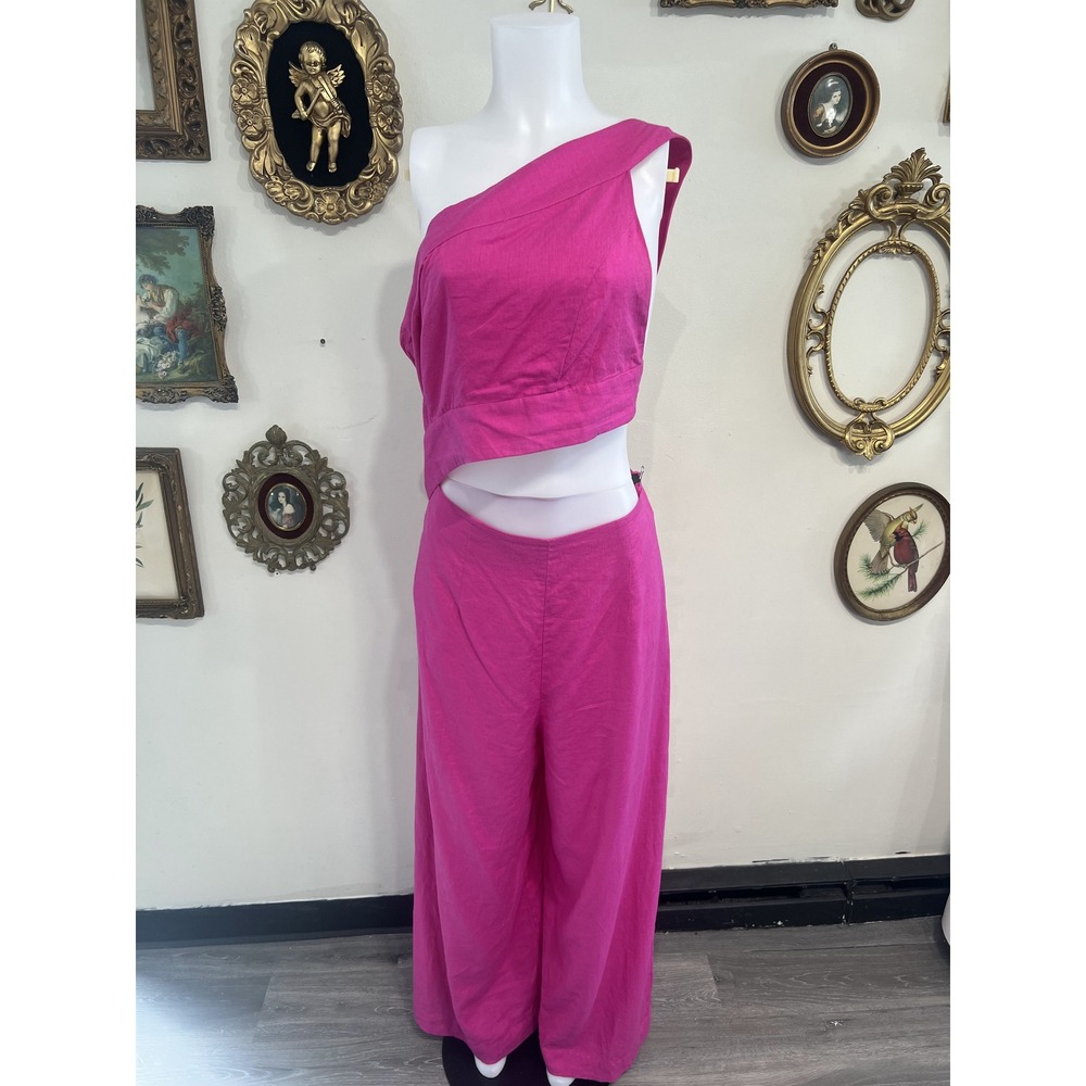 Farm Rio Magenta Pink One Shoulder Cutout Wide Leg Jumpsuit Size L